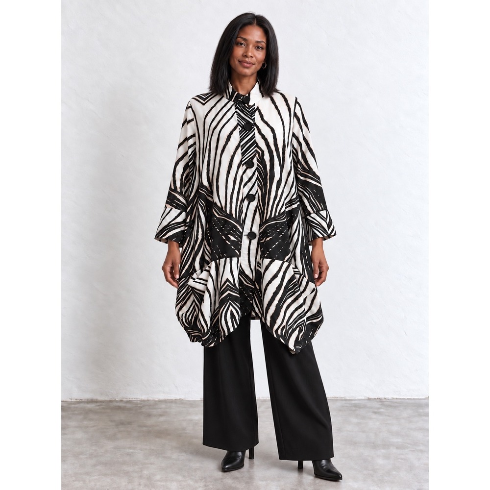Bohemian Zebra Print Tunic Top L Black White Long Sleeve Button Front